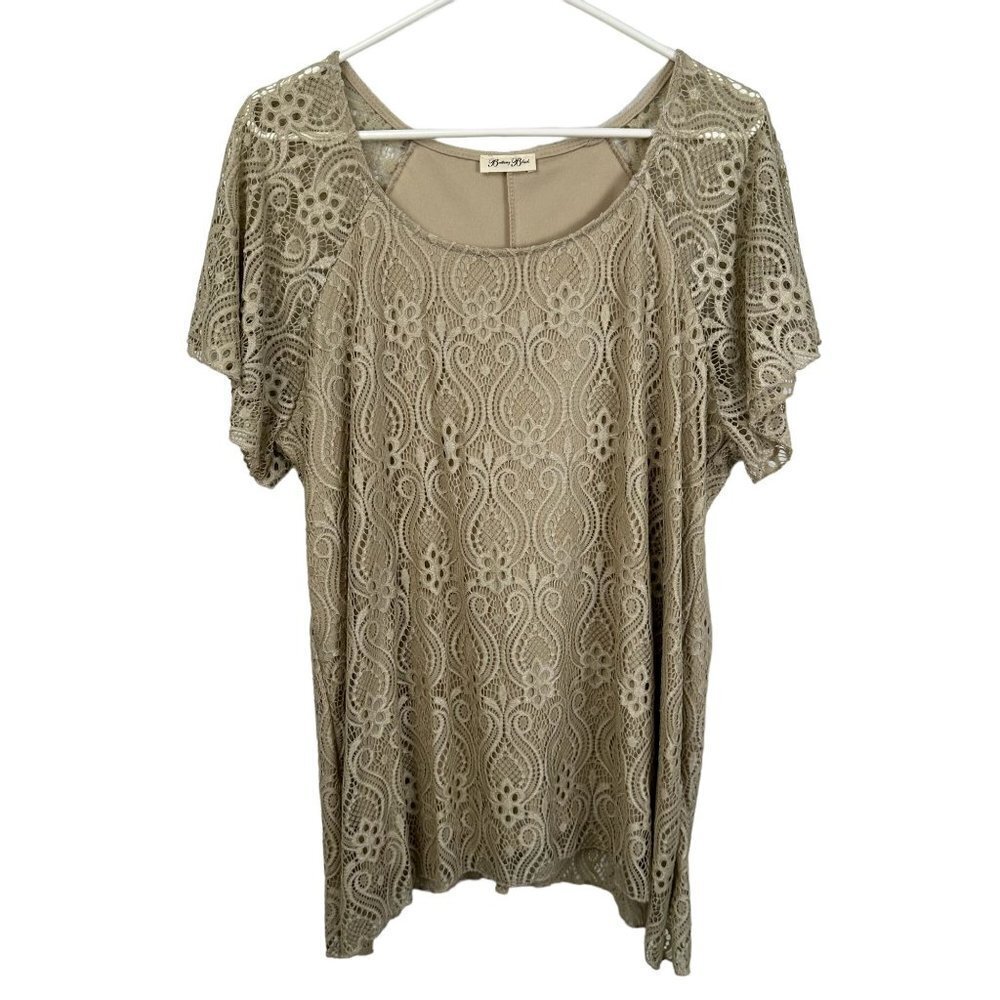 Brittany Black Women Tan Lace Overlay Flutter Sleeve Blouse Top Neutral